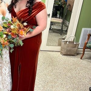 Velvet terracotta bridesmaids dress